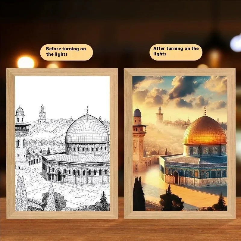 Modern rectangle light painting photo frame with illuminated religious nature artwork on man-made board