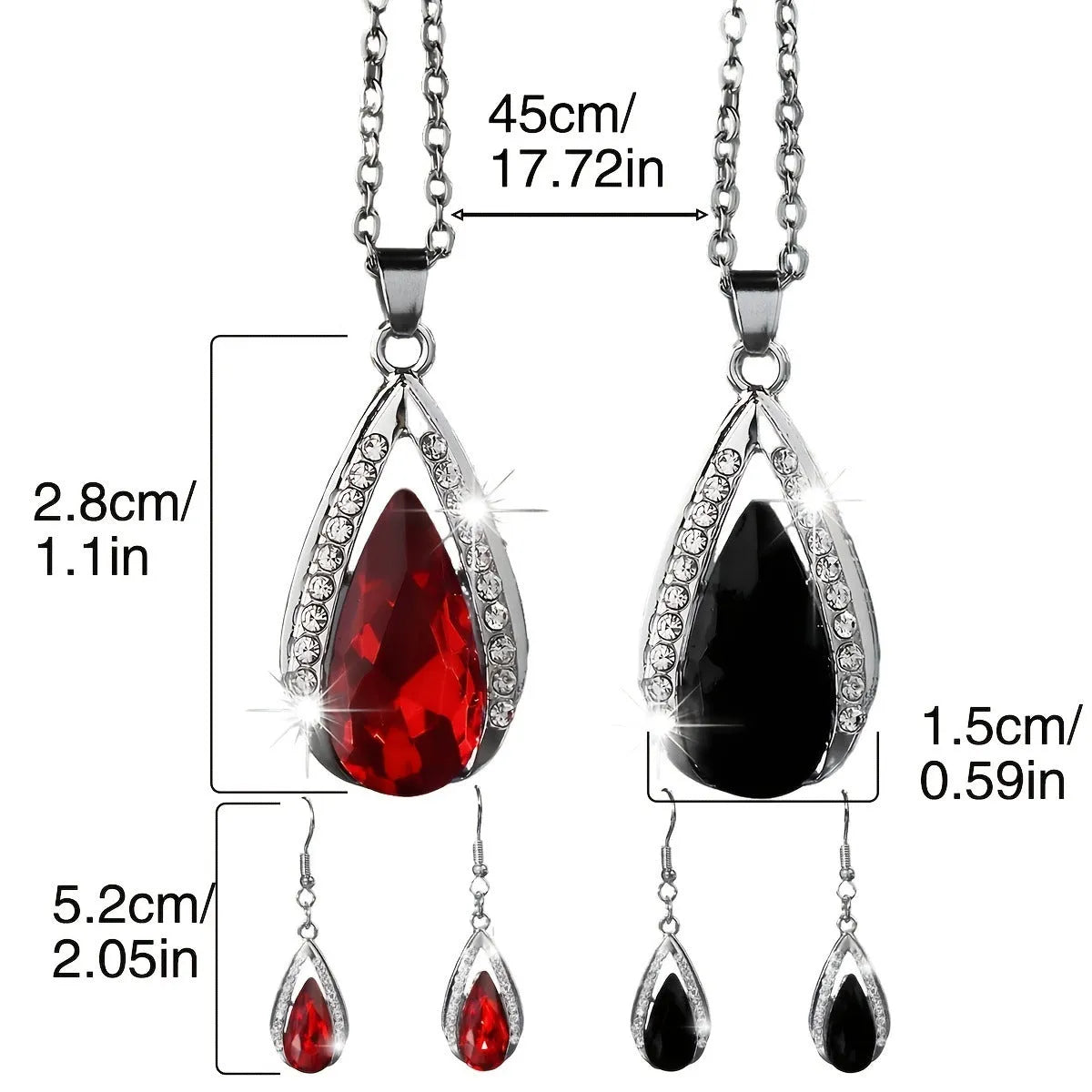 Alloy teardrop pendant necklace and matching earrings set in black or red finish.