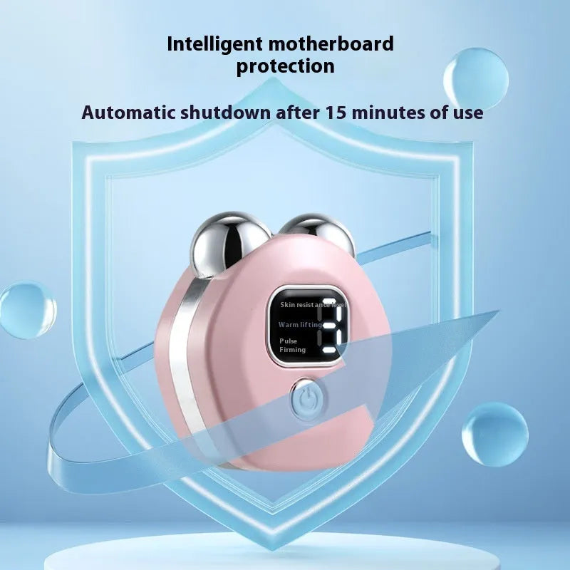 Portable white beauty instrument with double roller head for hot compress and micro current facial massage.