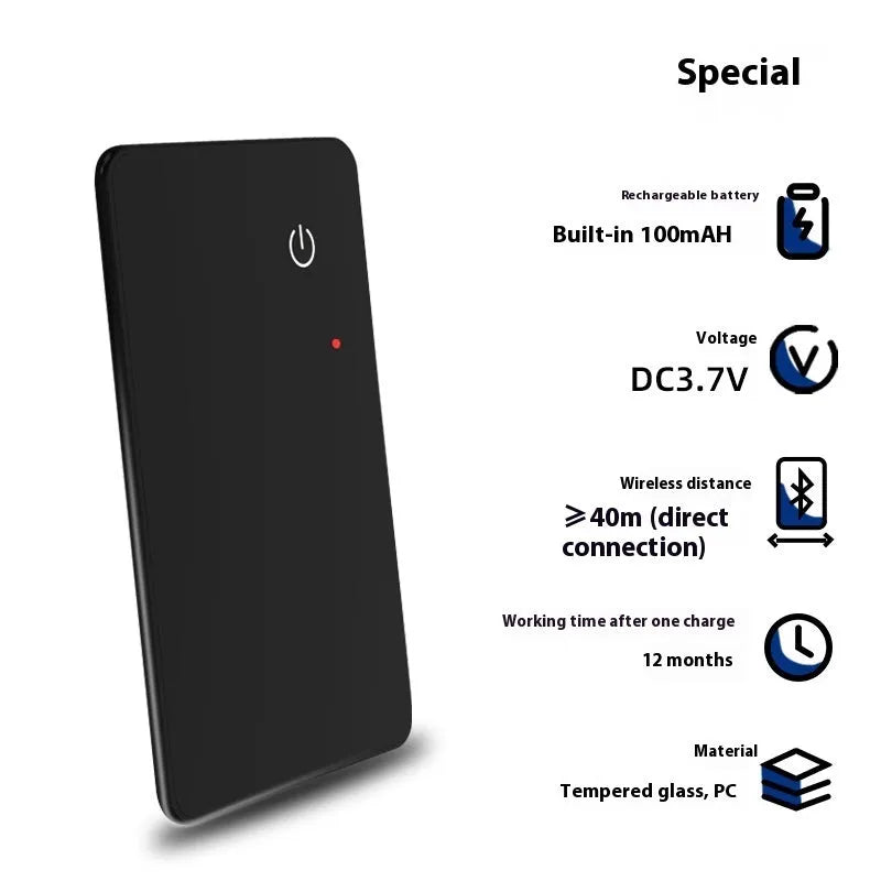 Black plastic pet tracker with wireless charging and NFC, card dimensions 85x54mm