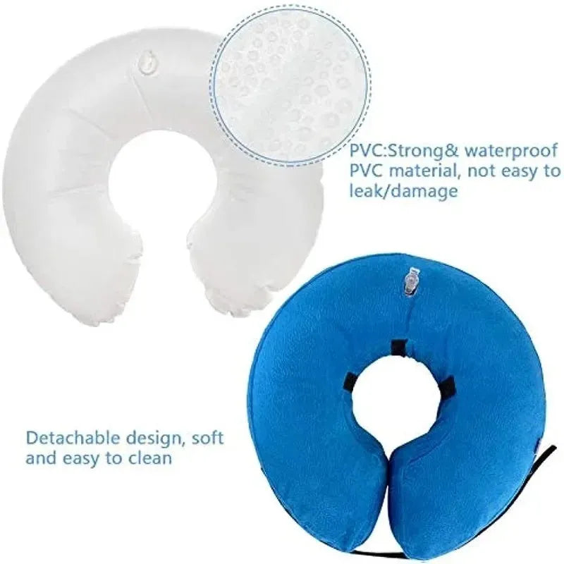 Blue inflatable pet recovery collar shown beside size chart with five measurement options