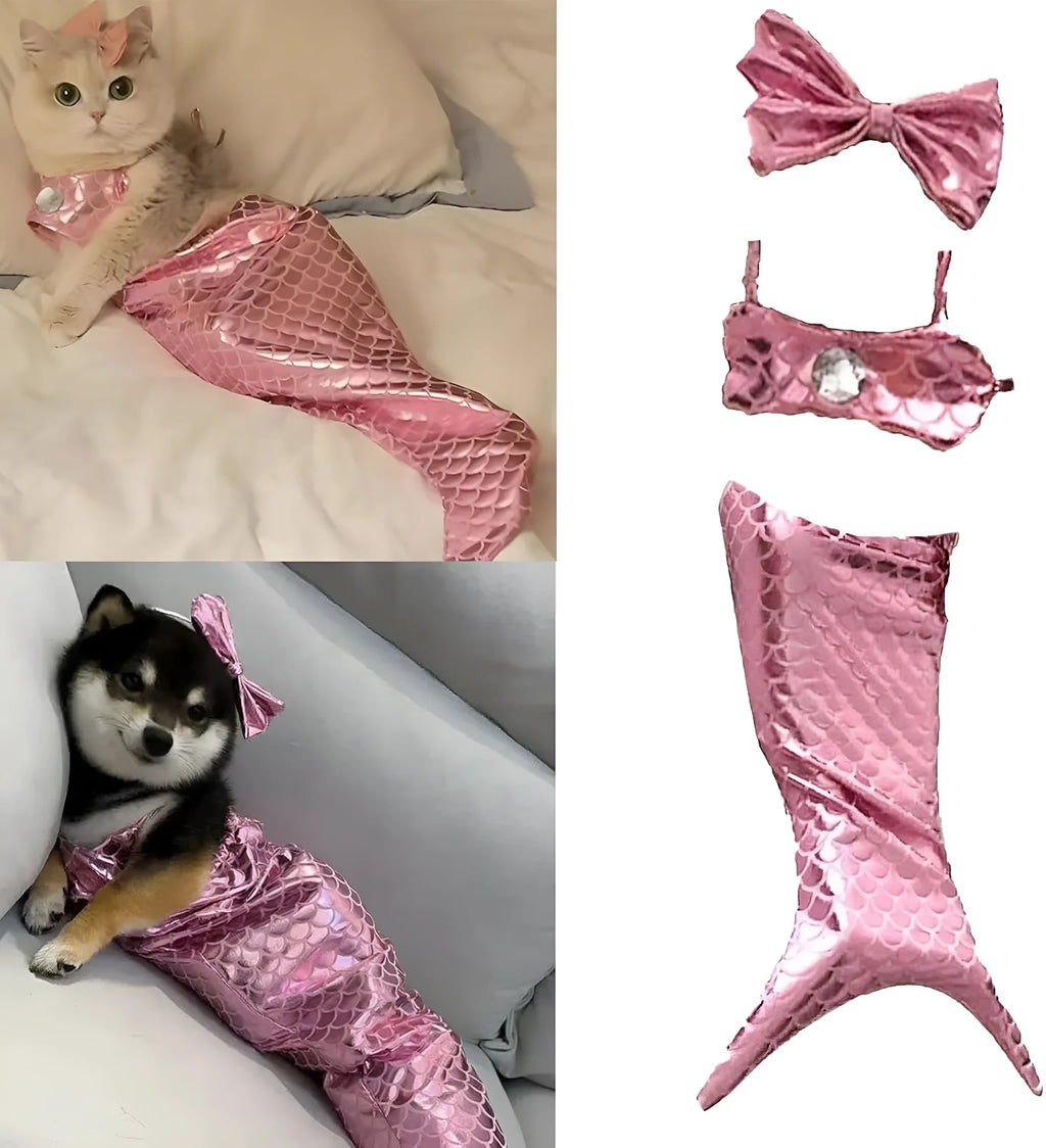 Blue pet mermaid costume with fish tail and elastic chest strap on small dog