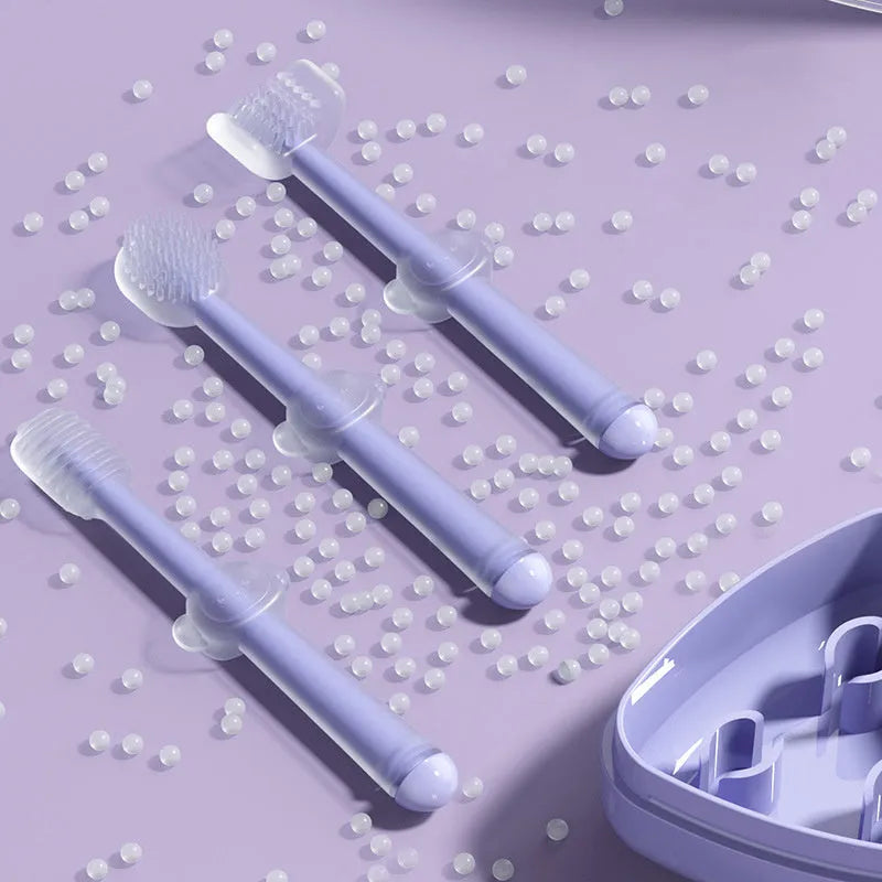Soft silicone pet toothbrush for dogs and cats in blue, green, and purple colour options
