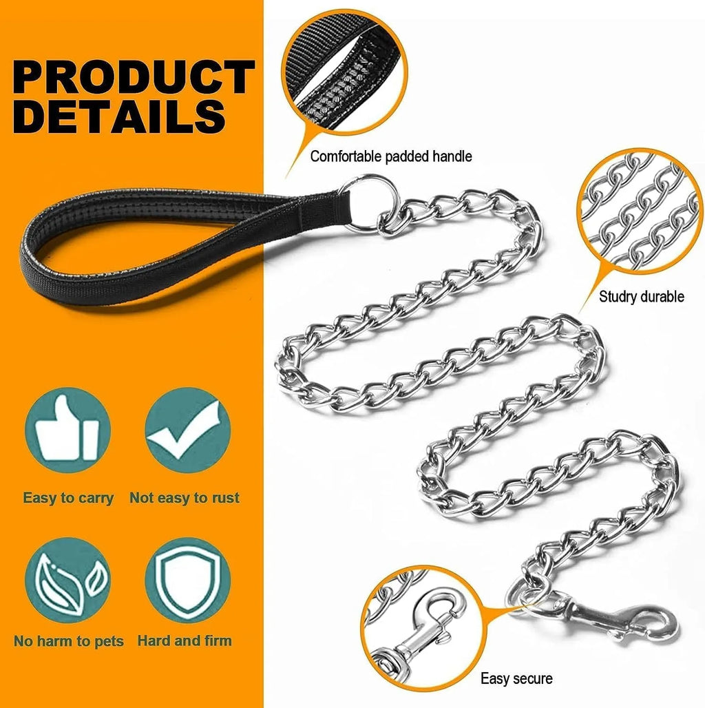 Heavy duty metal dog chain leash with a soft black padded handle, shown at full 120cm length.
