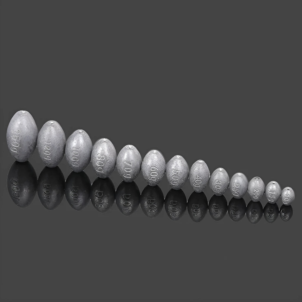 Tongxin olive lead fishing sinker with scale pattern and plastic core in rugby shape.