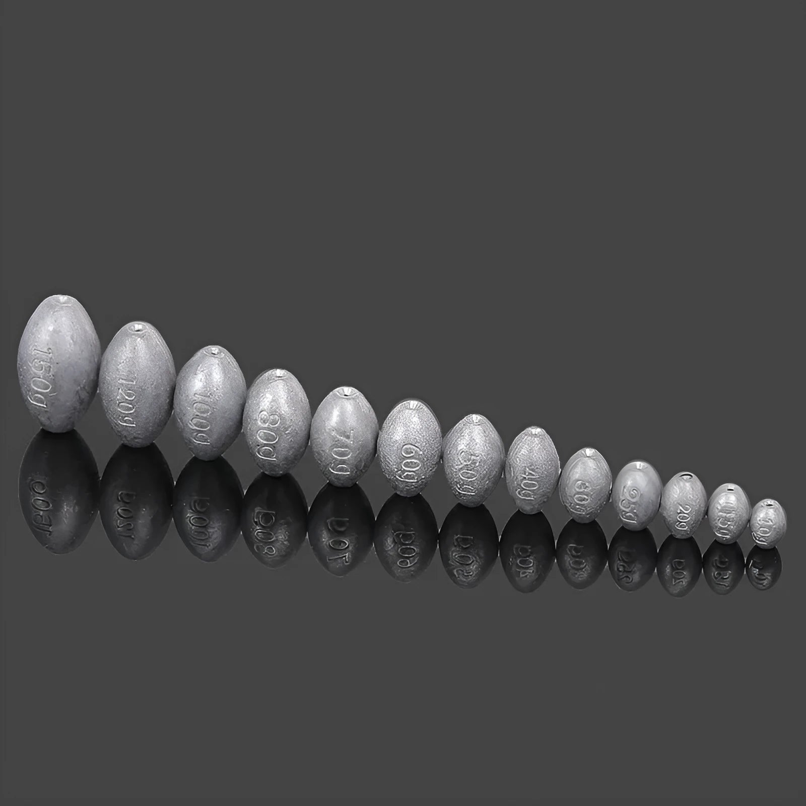 Tongxin olive lead fishing sinker with scale pattern and plastic core in rugby shape.