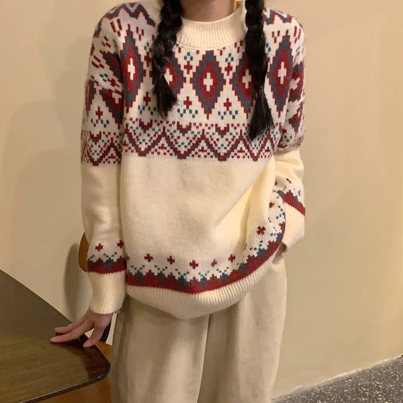 Retro striped loose pullover knitted top in red and white colours.