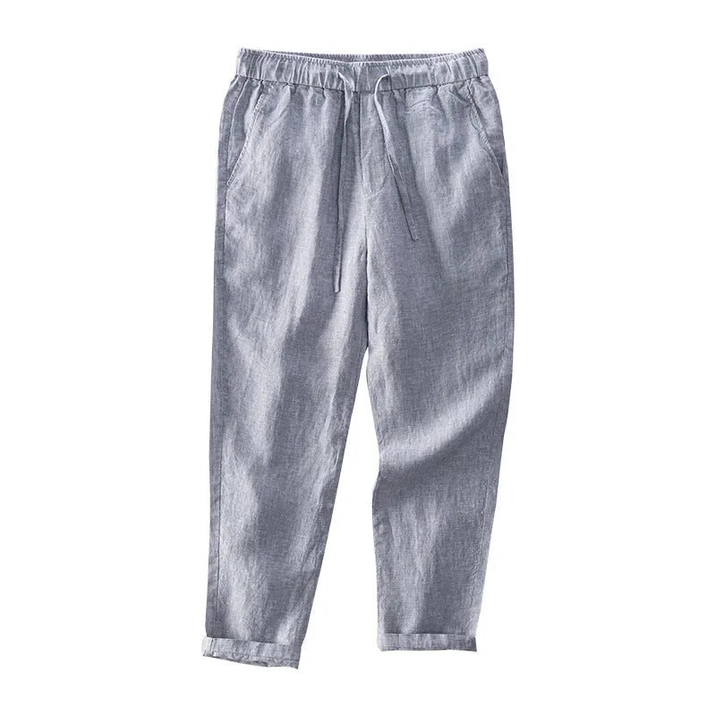 Men's linen straight leg trousers in mid waist design showing white, khaki, light grey and dark grey colour options