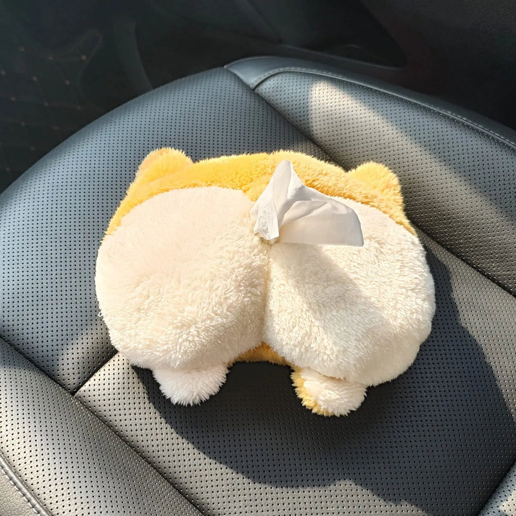 Yellow corgi butt shaped tissue box cover with elastic strap for car visor mounting
