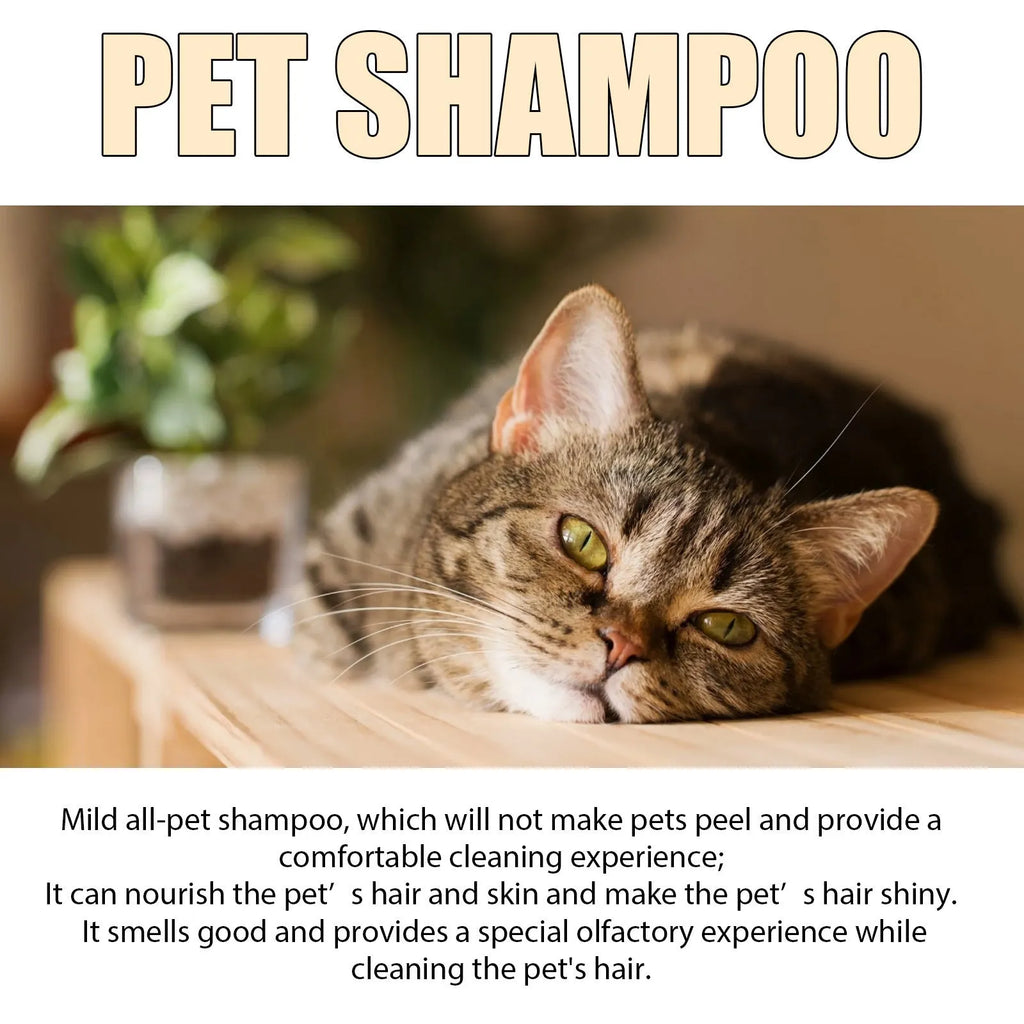 Mild pet shampoo bottle for dogs and cats in 100ml and 300ml sizes for fur cleaning