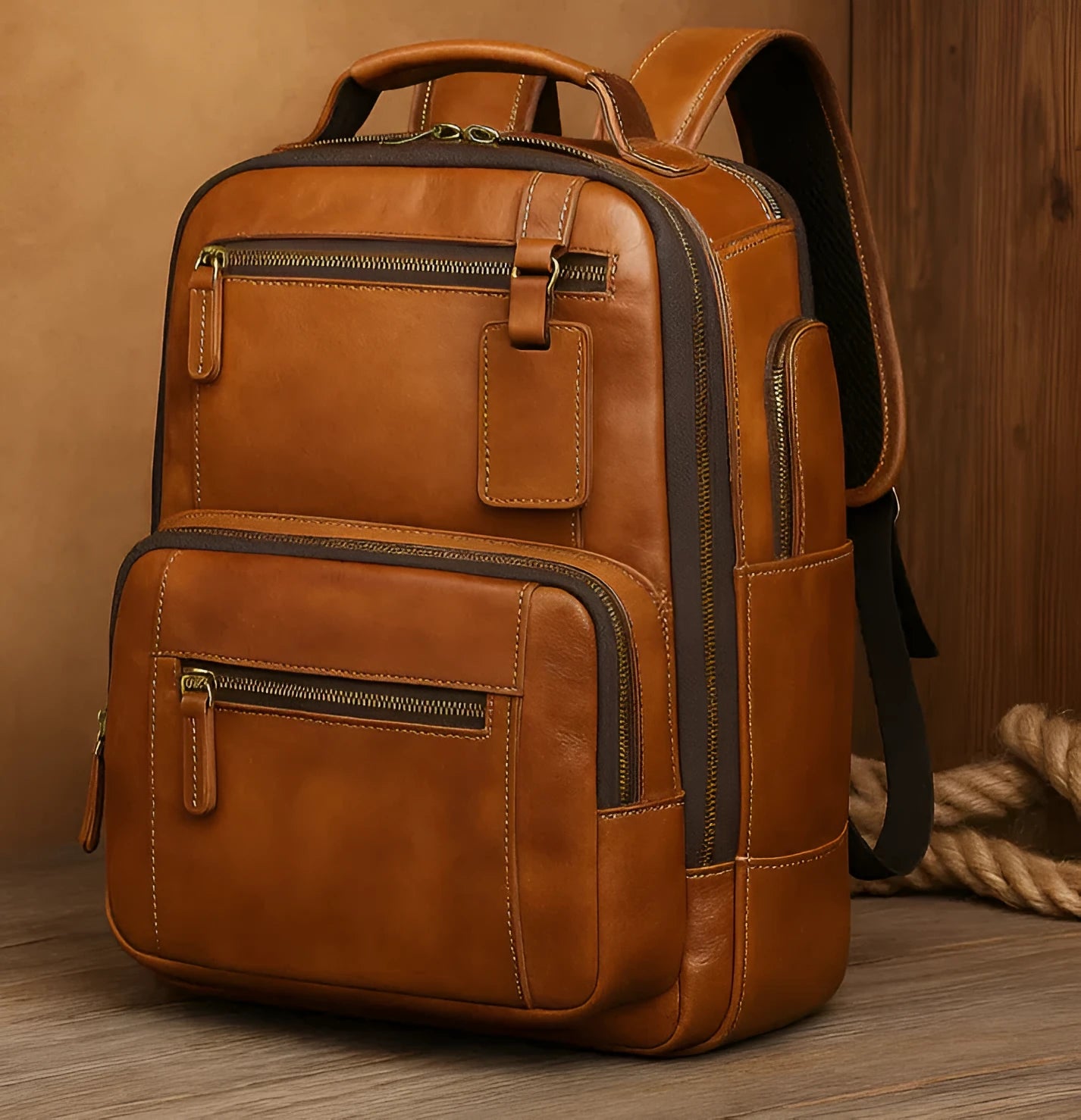 Bronze genuine leather backpack with structured design and top handle for business travel