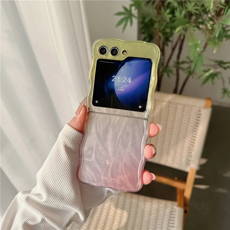 Feather yarn gradient multicolour Samsung Z Flip6 phone case with hard back cover and cartoon style design