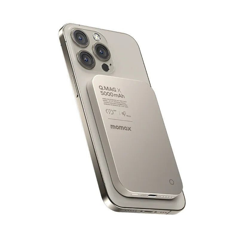 Magnetic wireless alloy power bank in black or titanium gold colour with creative design