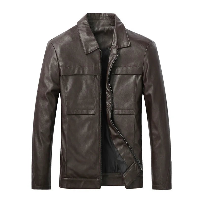 Men's slim lapel casual leather jacket in black, artificial leather, spring autumn outerwear