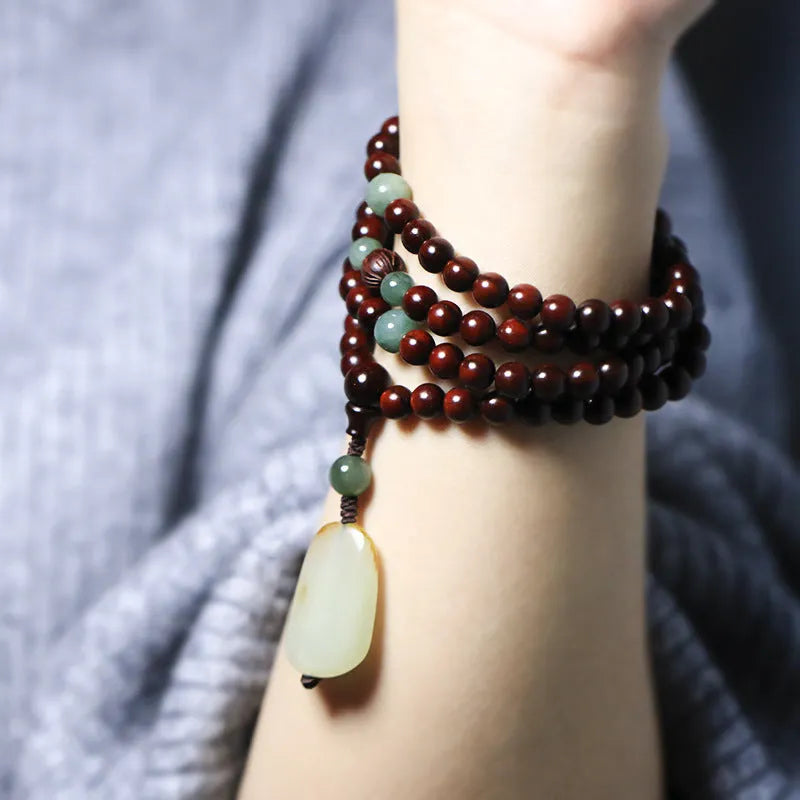 Rosewood bracelet with 108 beads and carved Hotian Jade pendant in national style design