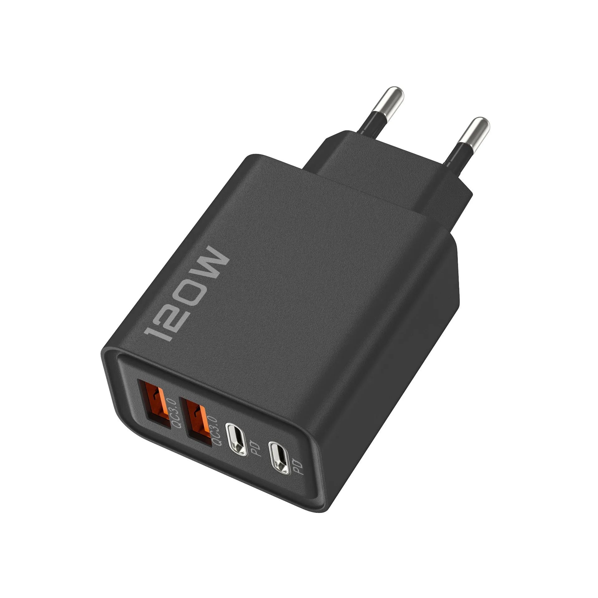 120W dual PD dual USB charger in black with interchangeable UK EU US plugs