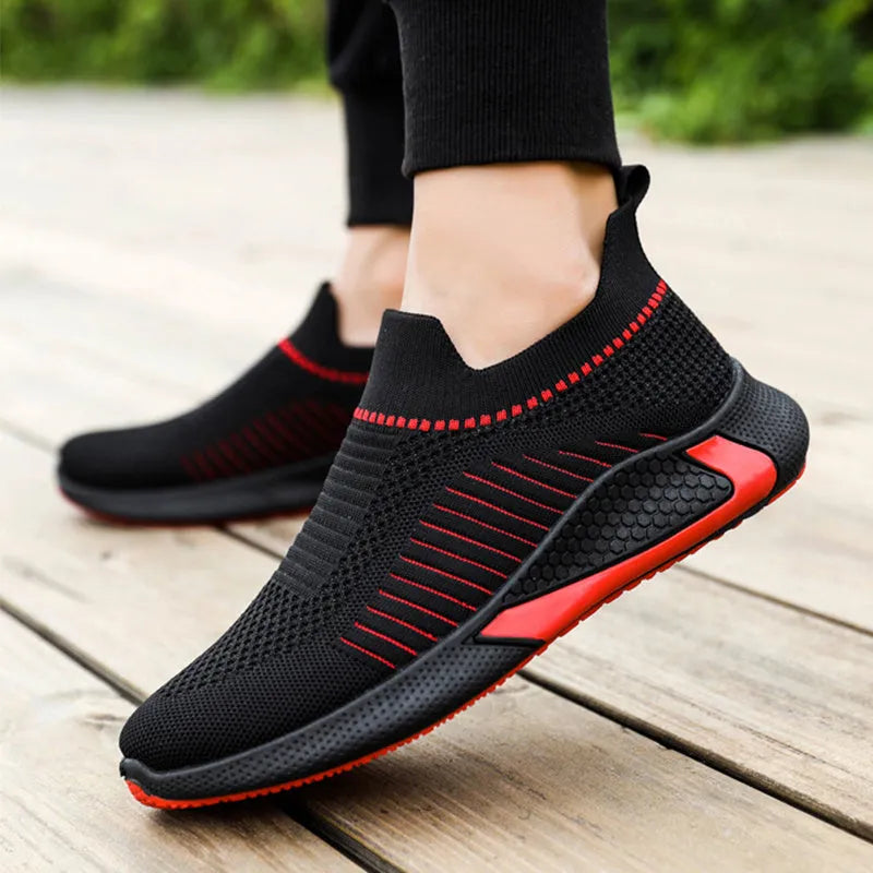 Men's striped mesh sock shoes with flyknit upper and plastic sole in black, black white, or white colour options