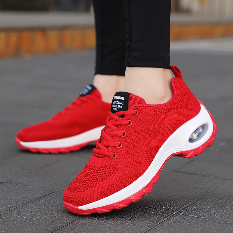 Women's round toe mesh sneakers with lace-up front and 3-5cm mid heel in black and red colours