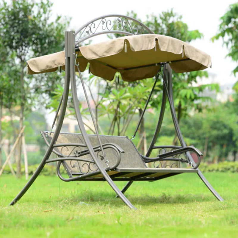 Outdoor three-person alloy steel rocking swing with Teslin mesh backrest and anti-slip feet in rustic colour