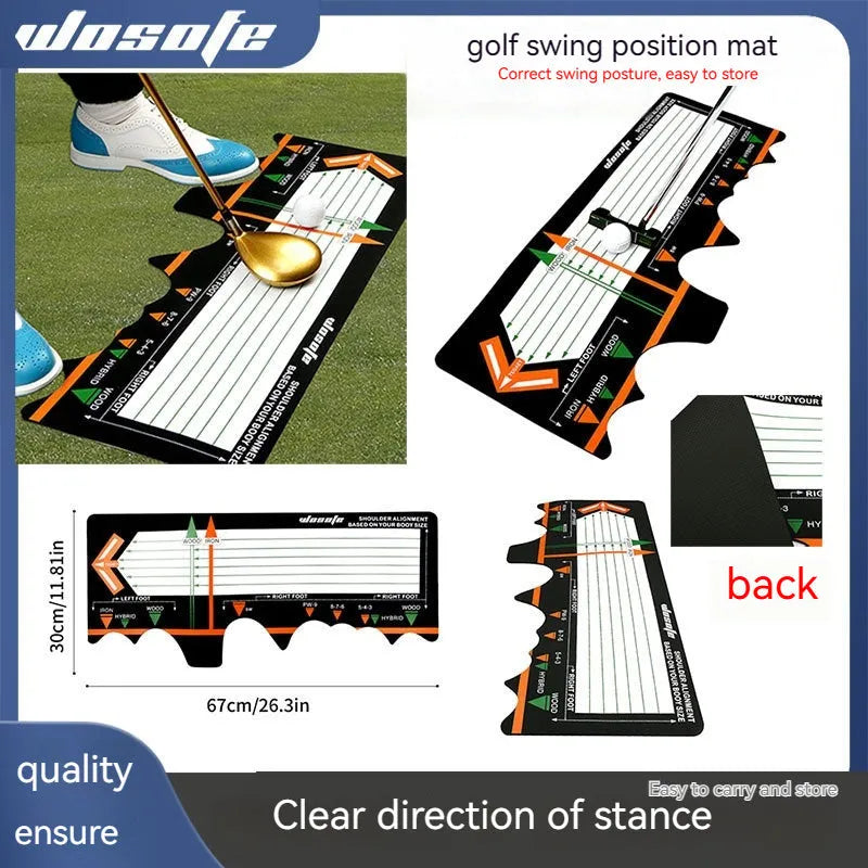 Black neoprene golf swing training pad for stance and posture correction on grass.