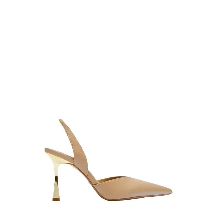 Women's nude apricot patent leather pointed toe high heels with shallow mouth, Korean style.