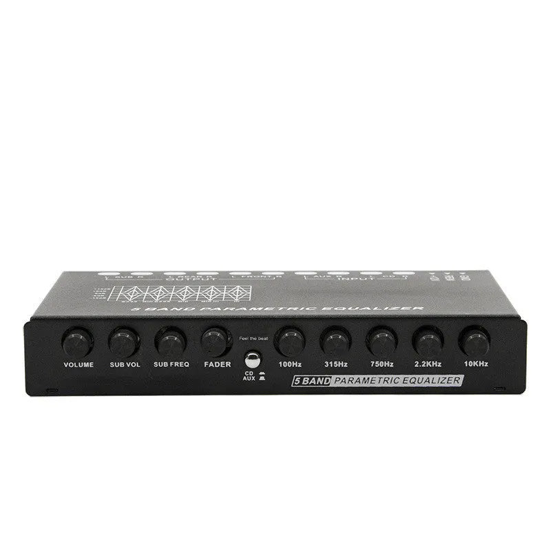 EQ5 Black car audio equaliser unit with front panel controls for six-channel output and seven-band frequency adjustment