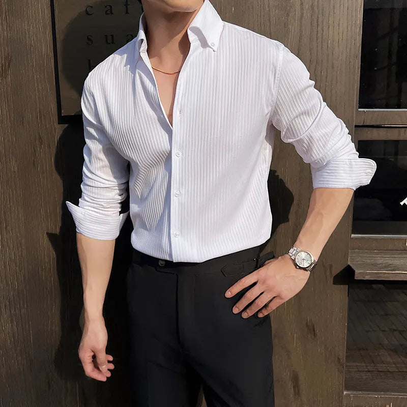 Men's dark striped V-neck long sleeve cardigan shirt in polyester blend fabric