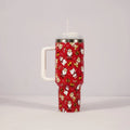 Stainless steel Christmas pattern travel tumbler with handle and straw lid, 1200ml capacity