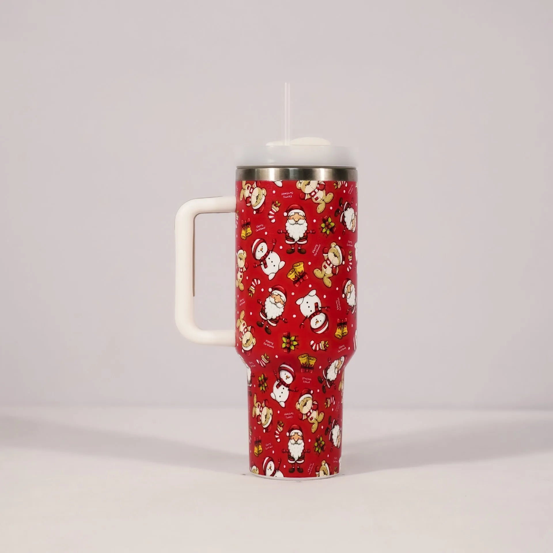Stainless steel Christmas pattern travel tumbler with handle and straw lid, 1200ml capacity