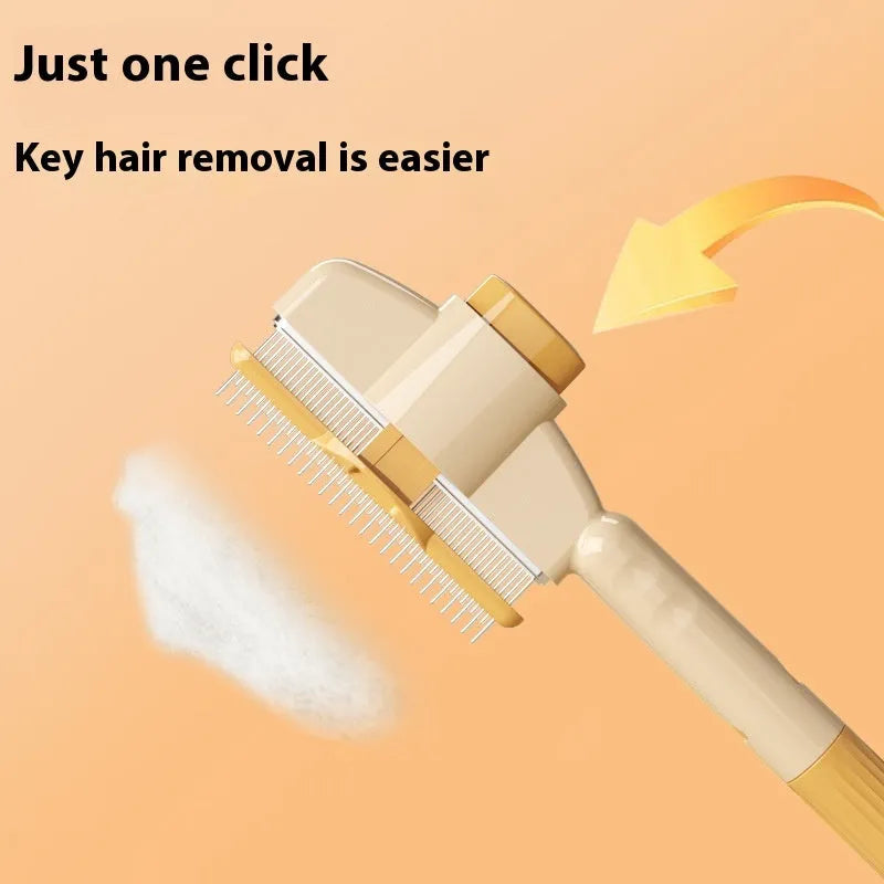 Green and yellow self-cleaning pet comb with stainless steel teeth and a release button on the handle.