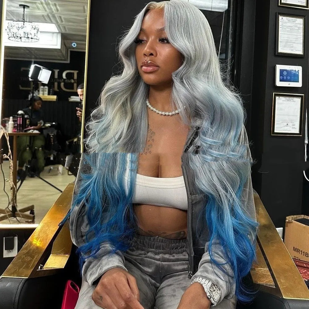 Grey blue gradient human hair lace front wig on a model, showing 4x4 lace construction.