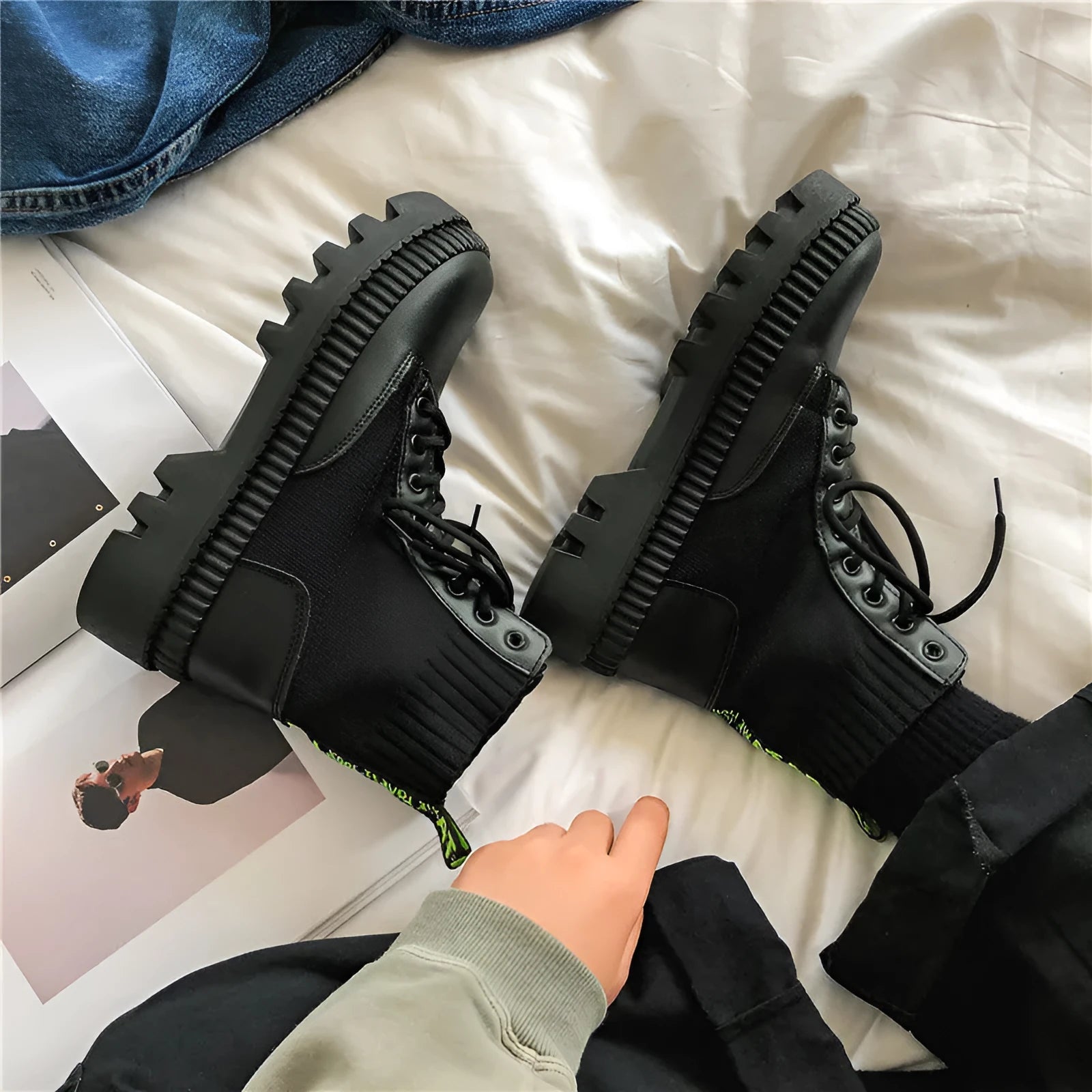Men's black platform Doc Martens-style boots with zip and 8-hole laces on frosted cowhide.