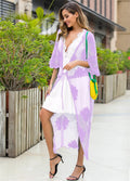 Light purple women's beach dress with lace embroidery detail as swimsuit cover-up