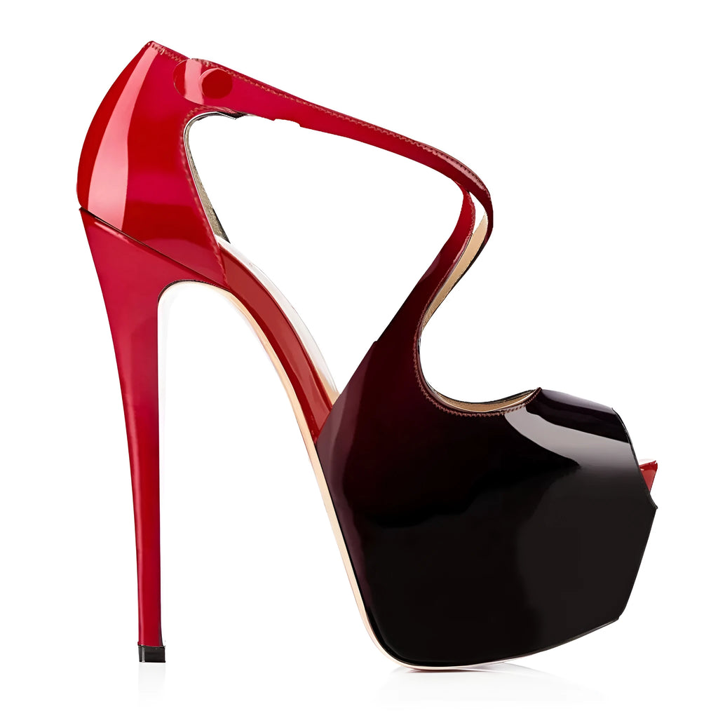 Black and red women's peep toe high heel shoes with cross strap design.