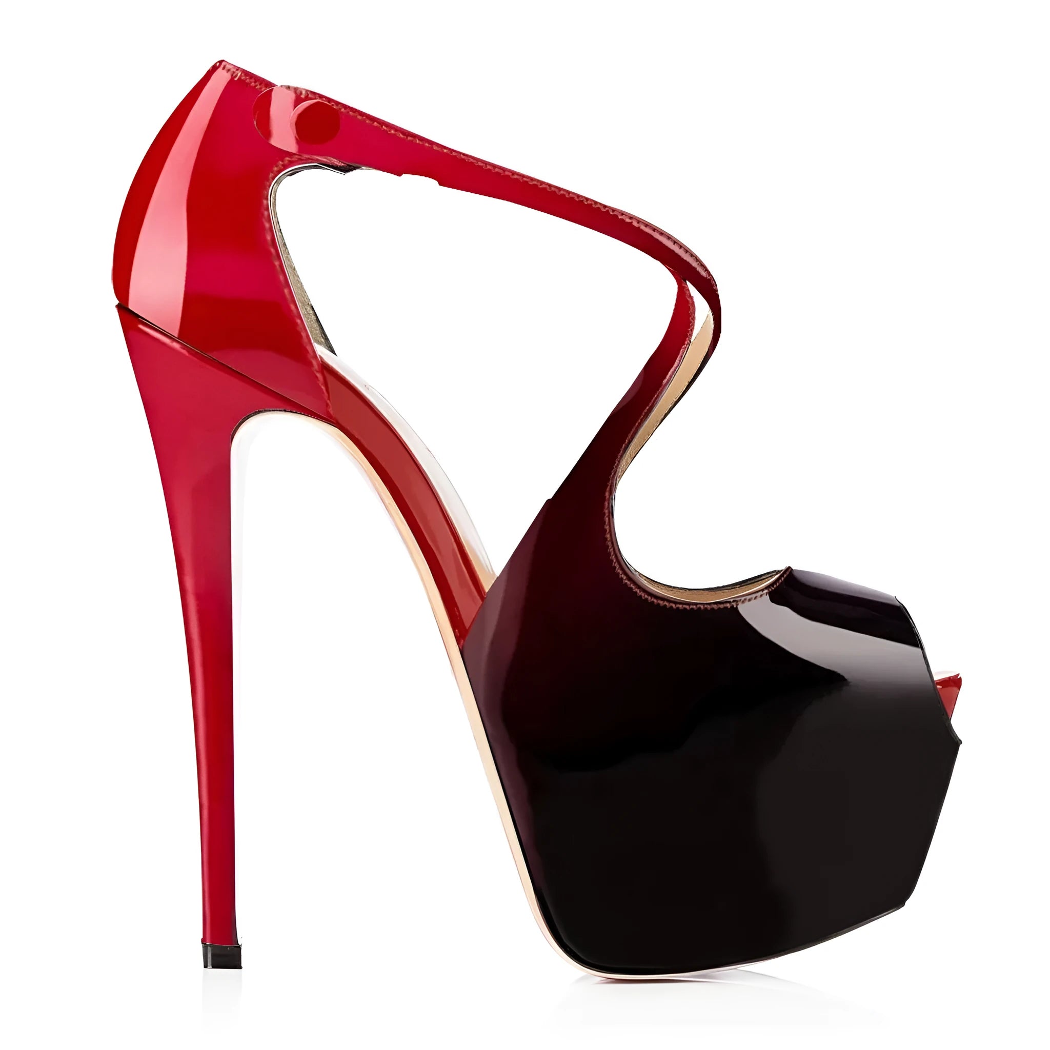 Black and red women's peep toe high heel shoes with cross strap design.