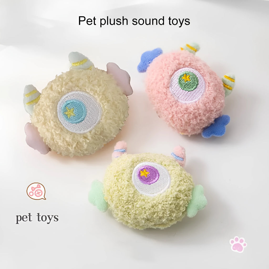 Cartoon-shaped plush dog chew toy with squeaky sound feature in multiple colour options