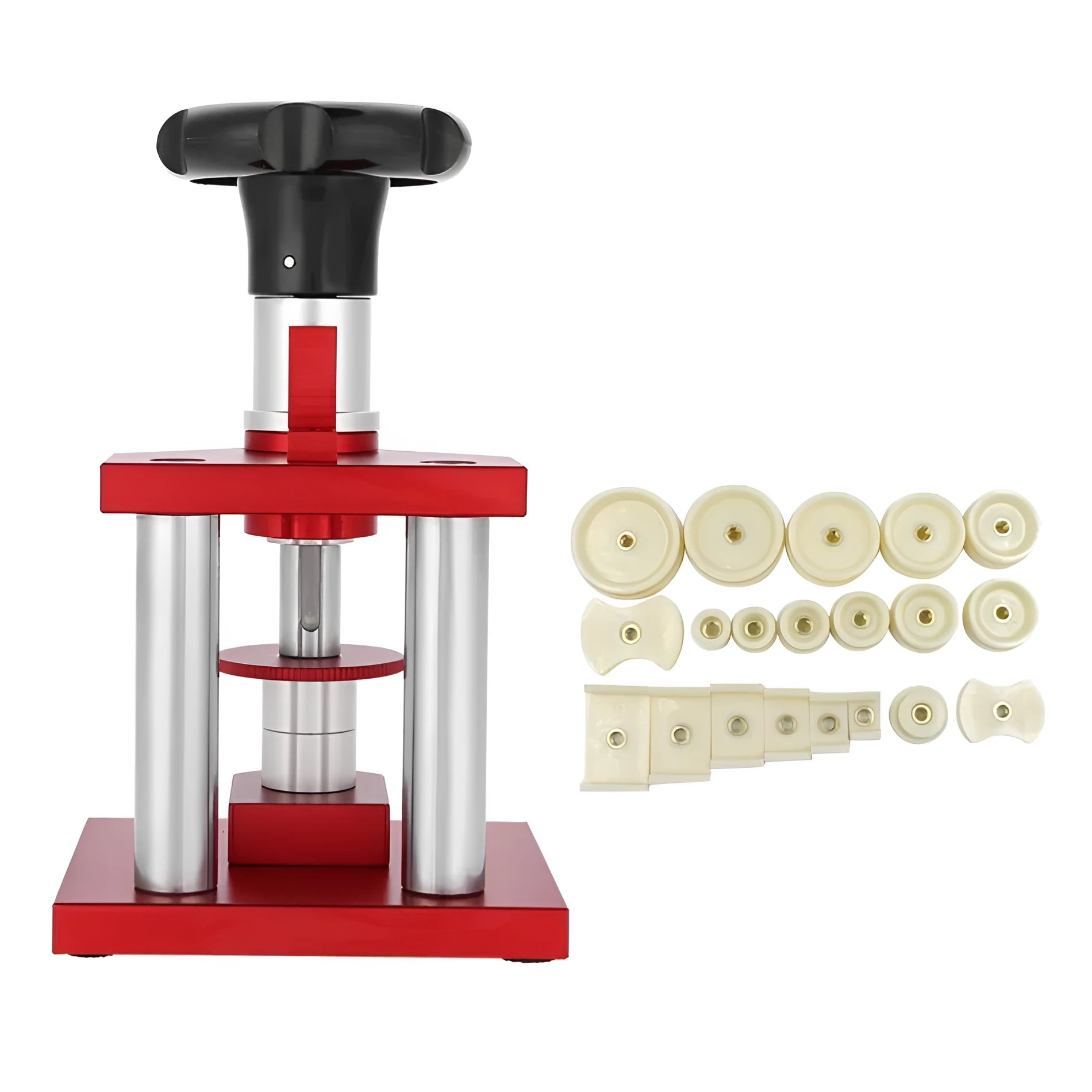 Watch repair spiral cap presser tool with 20 plastic molds for case back and glass replacement