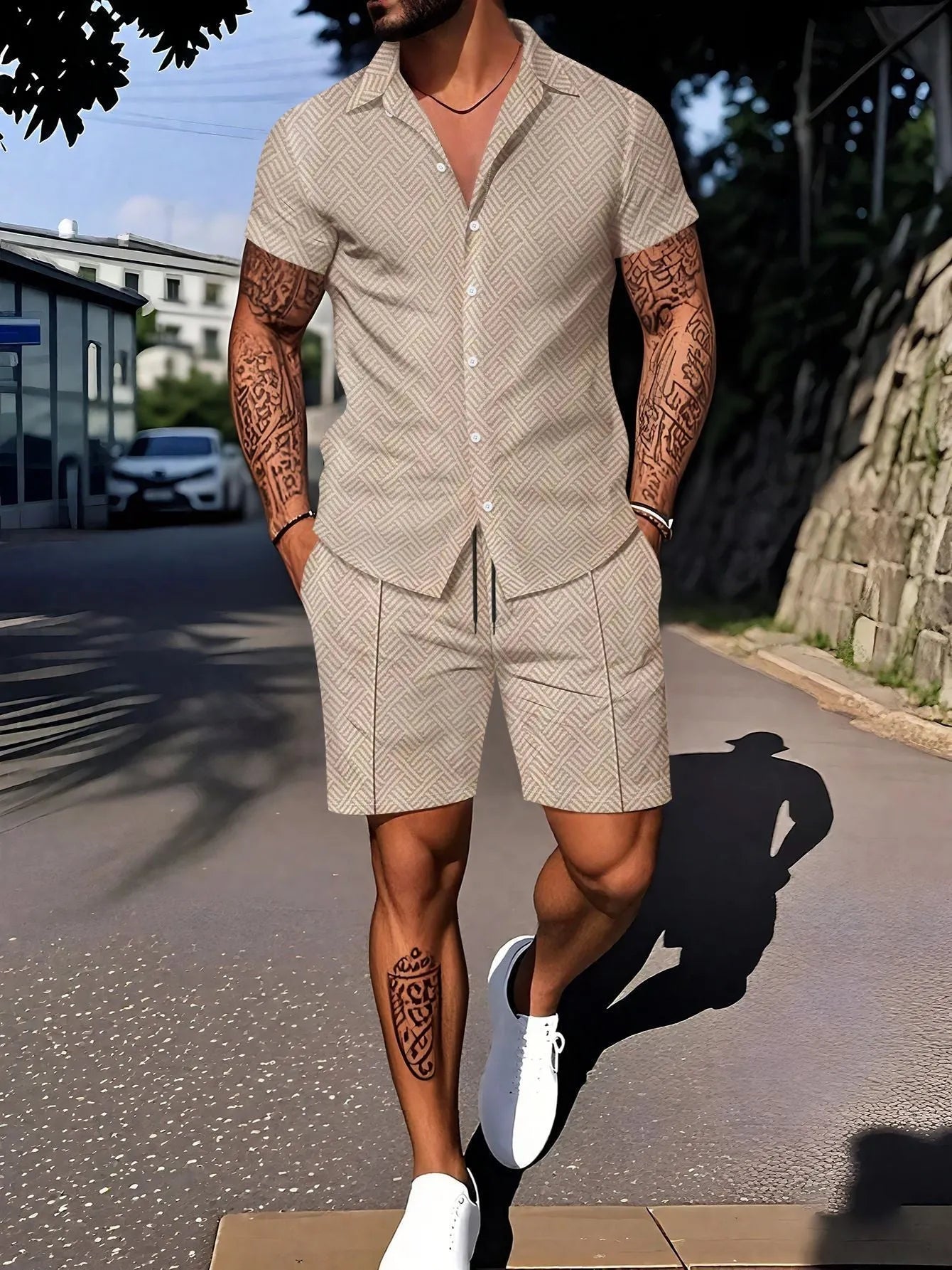 Men's casual short sleeve suit set with digital print design, showing top and shorts in a light colour.
