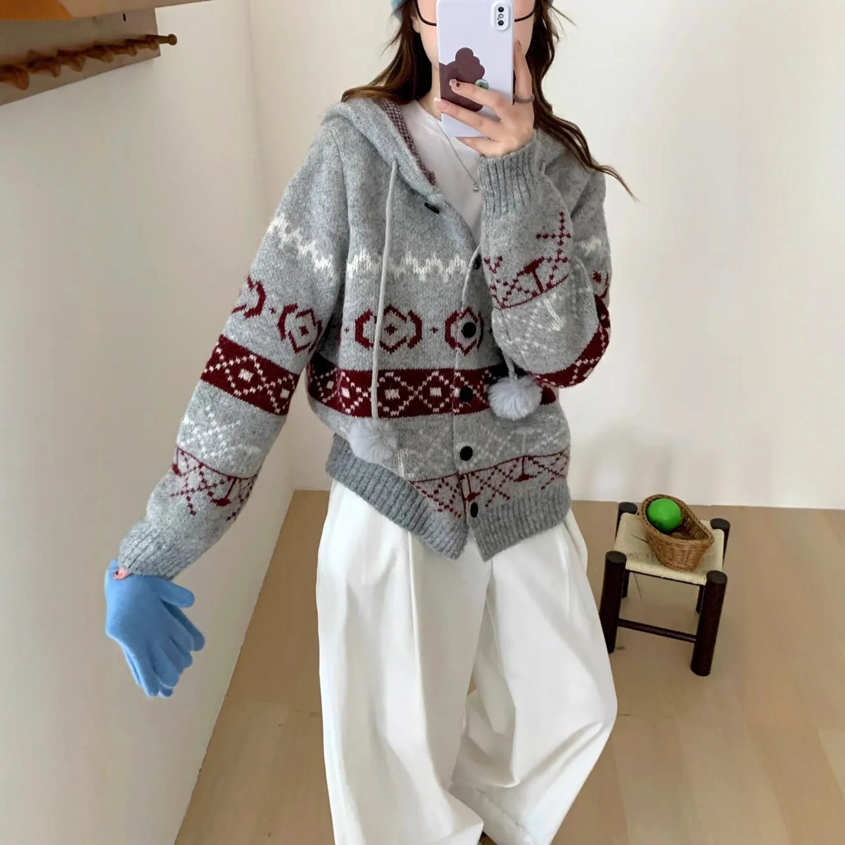 Geometric pattern brocade sweater coat for plus size women in milky white colour
