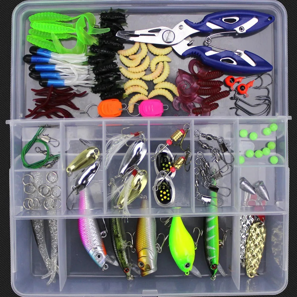 Junior fishing lure suit showing soft plastic baits organised in blue PP plastic storage tackle box