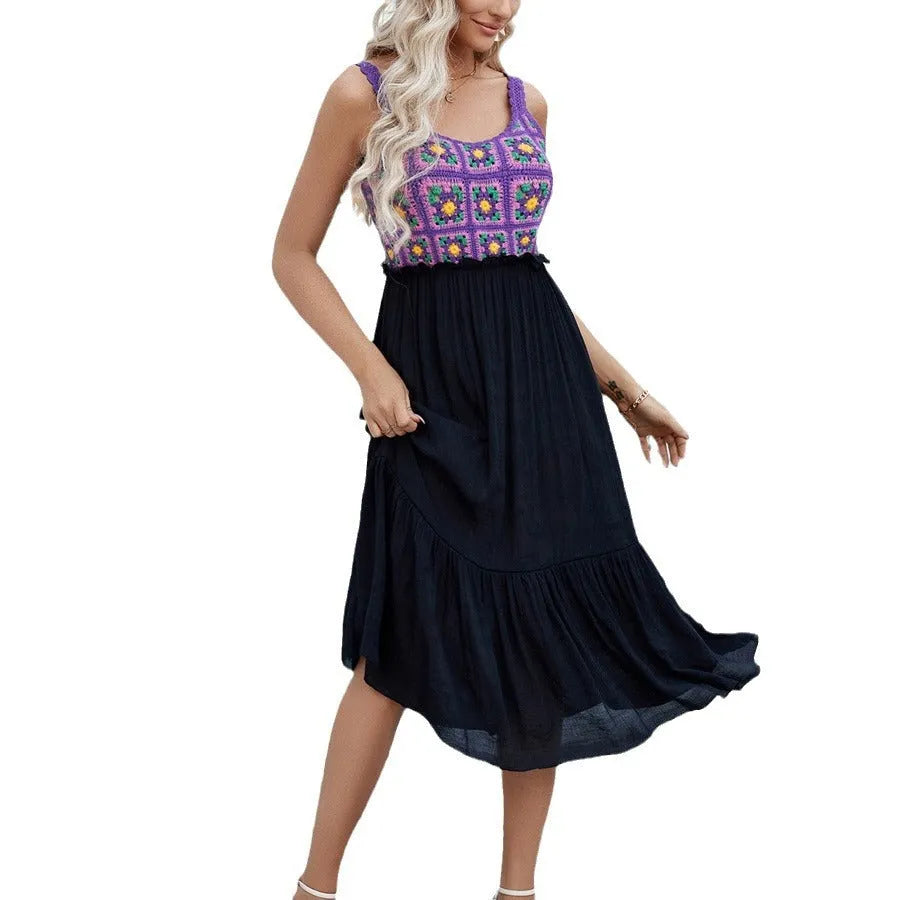 Purple sleeveless dress with hand-hook flower stitching detail on cotton blend fabric.