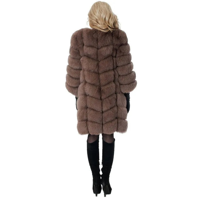 Women's long artificial fur coat in black, shown with regular sleeves and a length of 80cm.