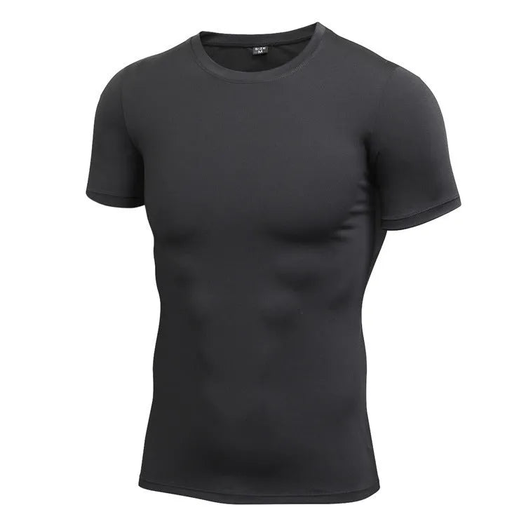 Men's solid colour stretch quick drying short-sleeved fitness shirt in polyester