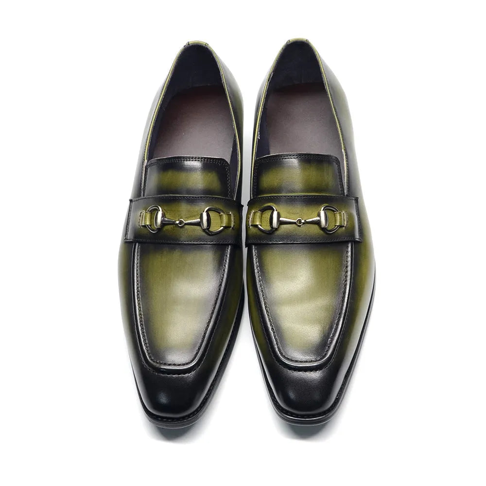 Men's cowhide leather shoes with pointed toe, horseshoe heel, plaid print in black and green options