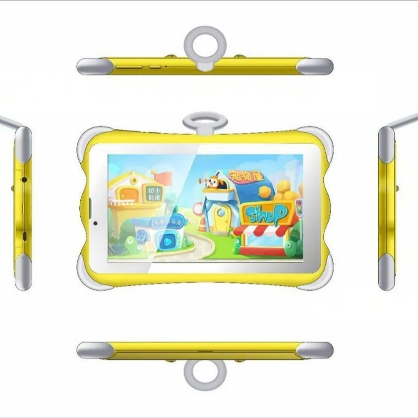 7-inch children's learning tablet in cartoon colours showing screen, stand, and 3G call function