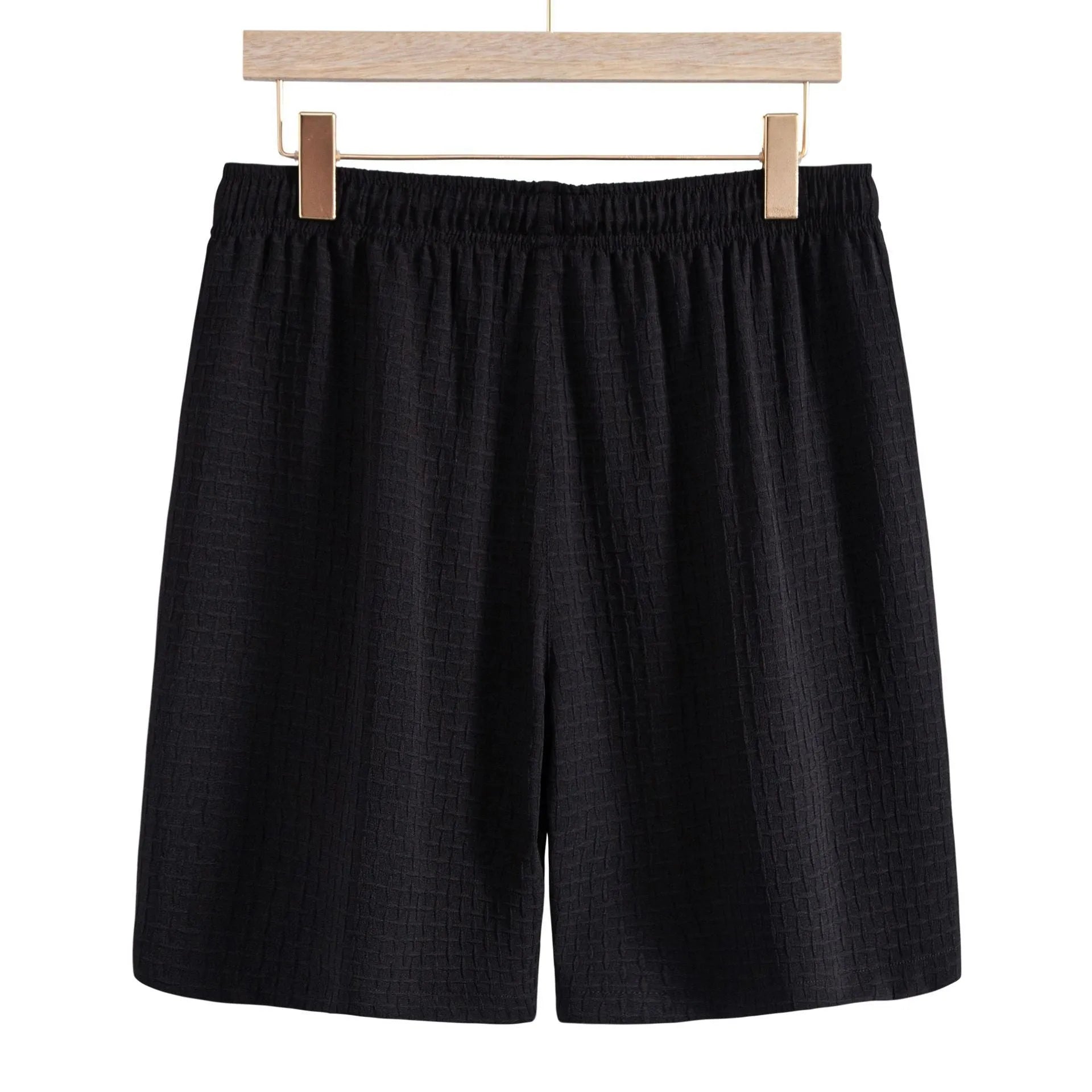 Men's casual short sleeve shirt and matching shorts set in black, laid flat.