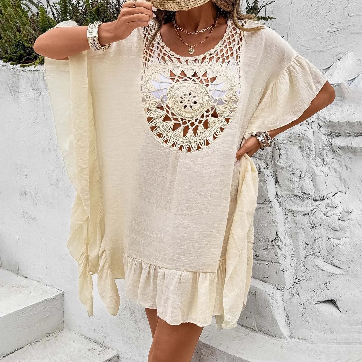 Beach cover up dress with patchwork crochet stitching and tassel details in free size pullover design