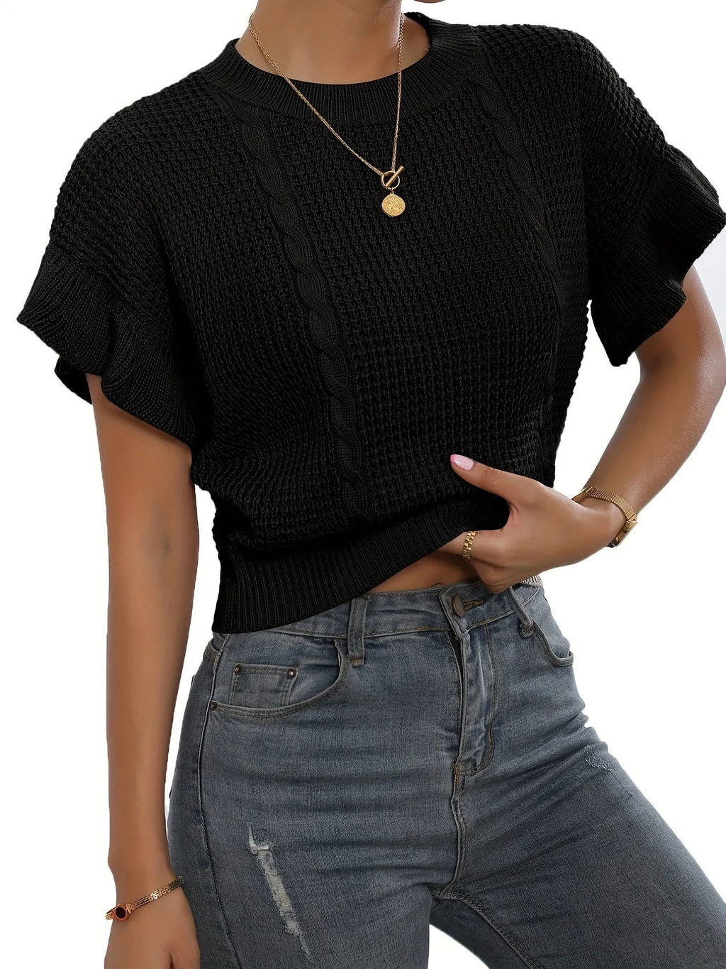 Twisted string pattern knitted sweater with ruffled short sleeves in Japanese Korean style