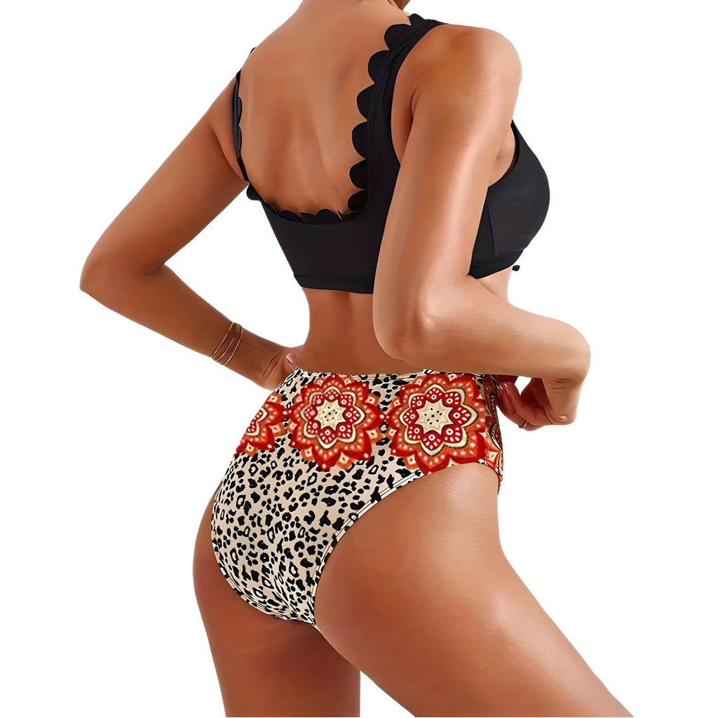 Large V-neck cross rope lace printed black bikini set with high elasticity spandex fabric