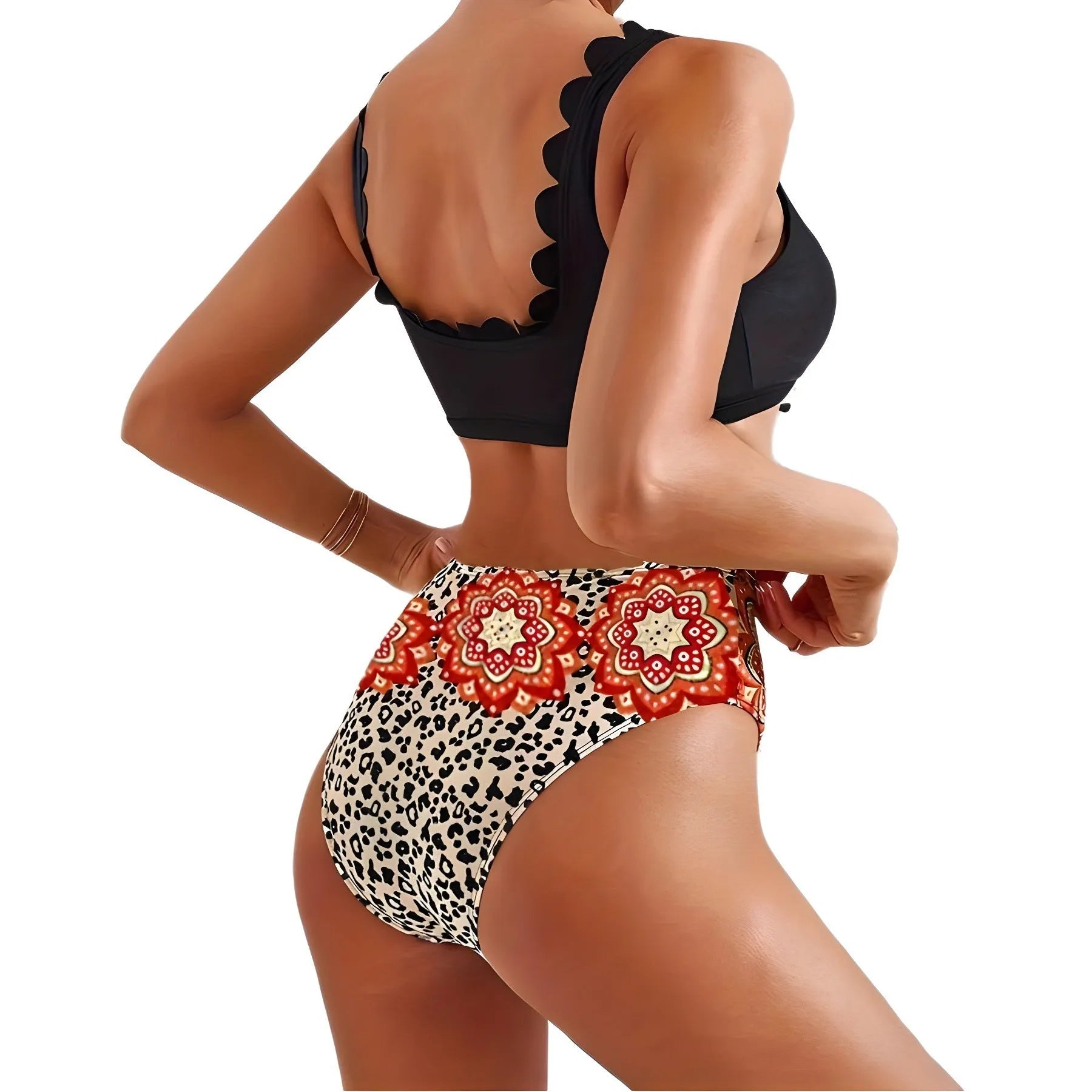 Large V-neck cross rope lace printed black bikini set with high elasticity spandex fabric